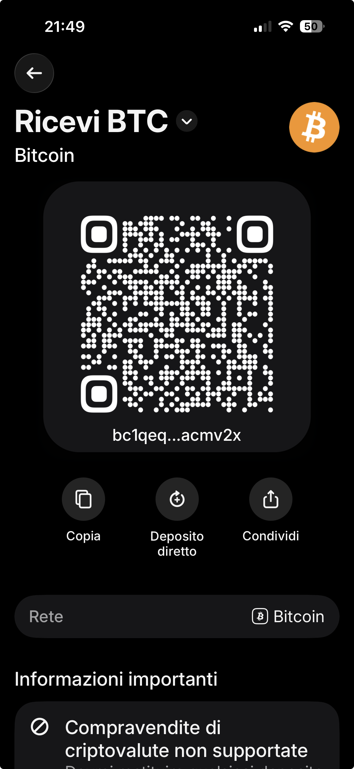 INQUADRA QUESTO QRCODE PER PAGARE IN BITCOIN